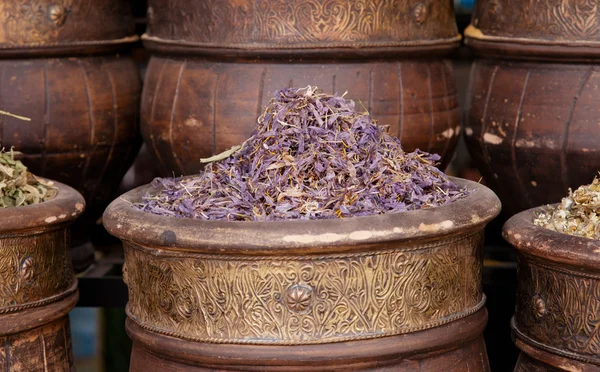 Dried herbs flowers in the Marrakesh street shop, shallow dof — Stock Photo, Image