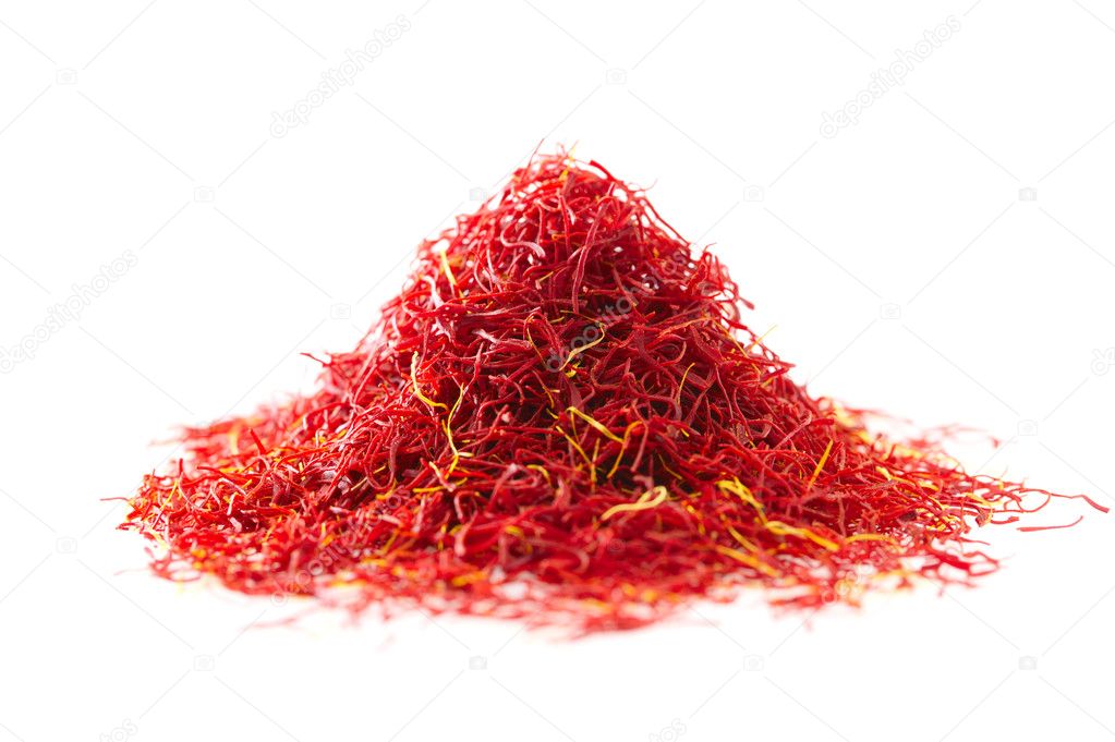 Moroccan saffron treads in pile, isolated on white