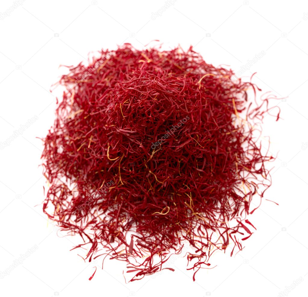 Moroccan saffron treads in pile, top view, isolated on white