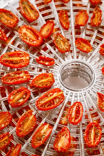 Zongedroogde cherry tomaten op voedsel dehydrator dienblad, ondiep dof — Stockfoto