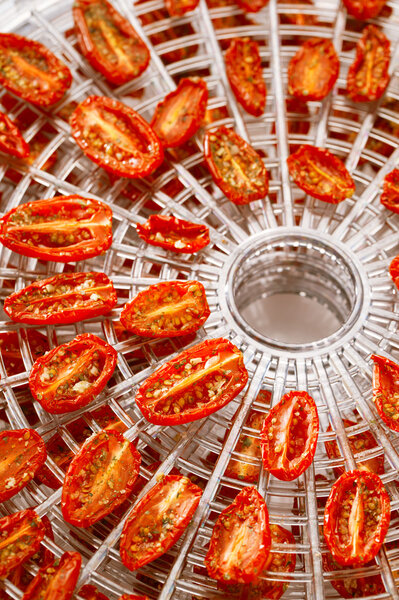 Sundried cherry tomatoes on food dehydrator tray, shallow dof