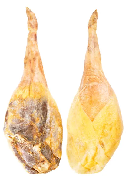 Jamon serrano, celé nohy dvě strany, španělská šunka, izolované nad — Stock fotografie
