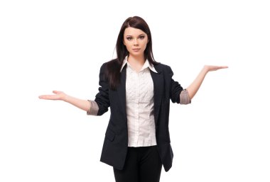 Young woman in a jacket and blouse, shows her hands in different clipart