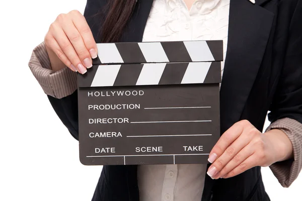 Movie clapper in women's hands, isolated on a white background. — Stock Photo, Image