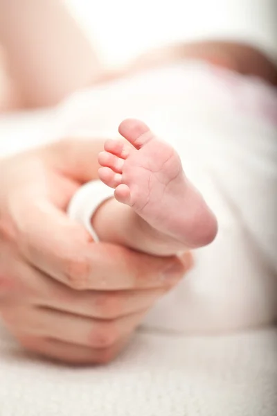 Father holding her newborn baby's foot — Stock Photo, Image