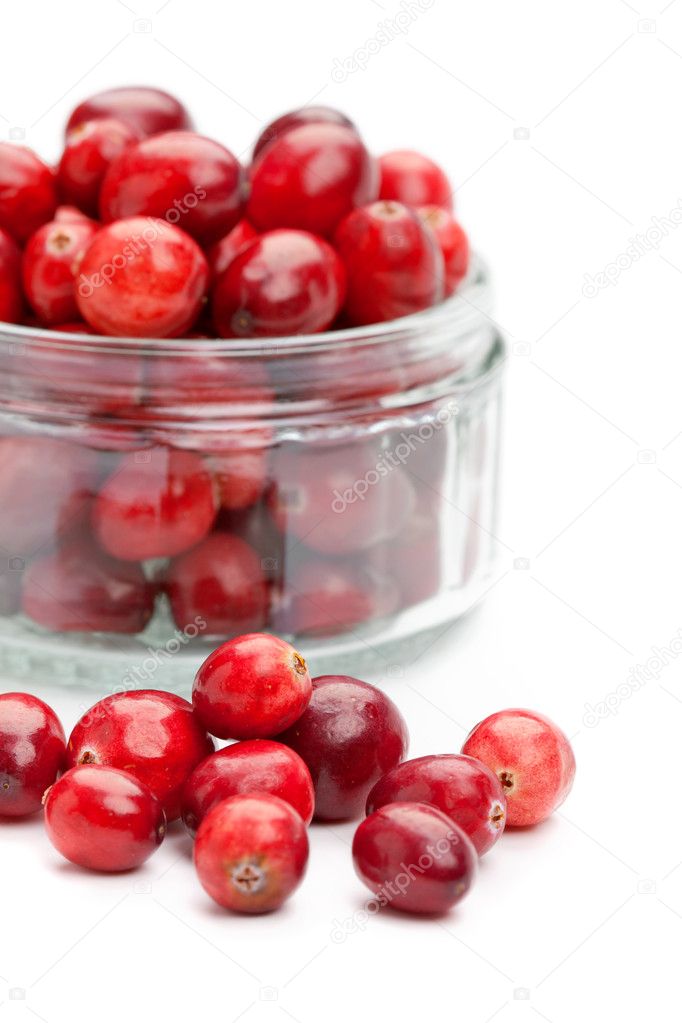 Cranberries in a glass bowl, closeup shot