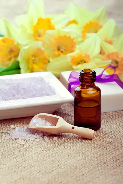 Spring pampering: bath salt with soap and essential oil, closeup — Stock Photo, Image