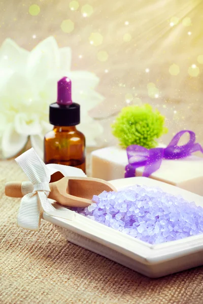 Bath salt with soap and essential oil — Stock Photo, Image
