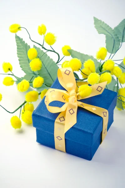 Dárková krabička s květy, mimóza — Stock fotografie