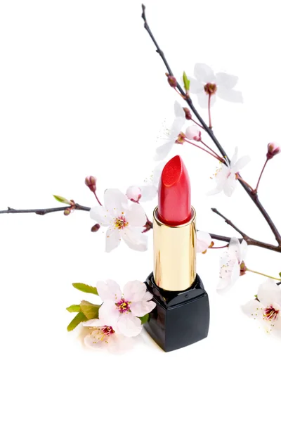 Natural cosmetics concept: new lipstick with sakura flowers, on — Stock Photo, Image