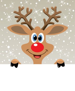 Vector red nosed reindeer holding blank paper