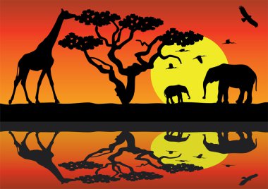 Vector giraffe and elephants in africa