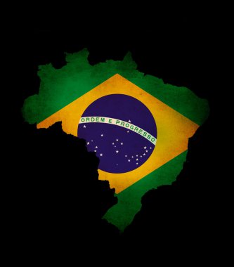 Outline map of Brazil with grunge flag insert isolated on black clipart