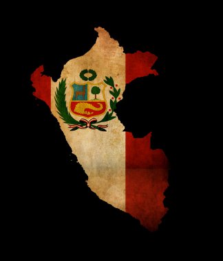 Outline map of Peru with grunge flag insert isolated on black clipart