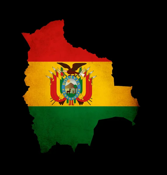 Mappa del profilo della Bolivia con inserto bandiera grunge isolato su nero — Foto Stock