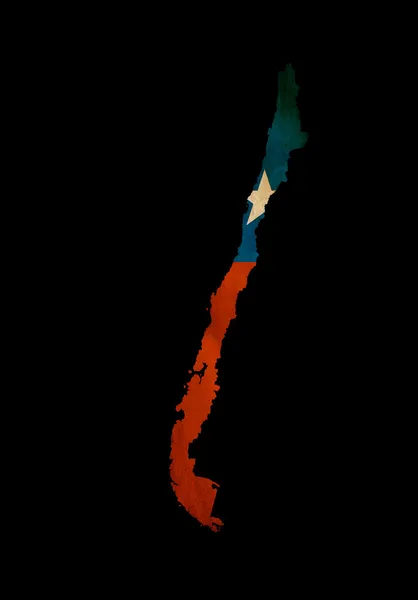 智利与 grunge 旗插入孤立在黑色的大纲地图 — 图库照片