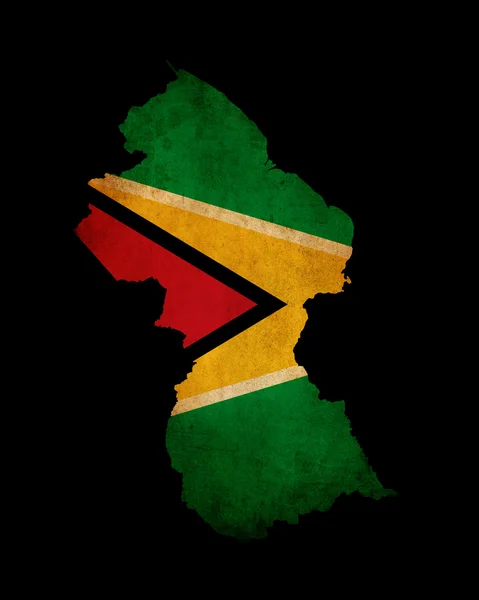 Outline map of Guyana with grunge flag insert isolated on black — Stock Photo, Image