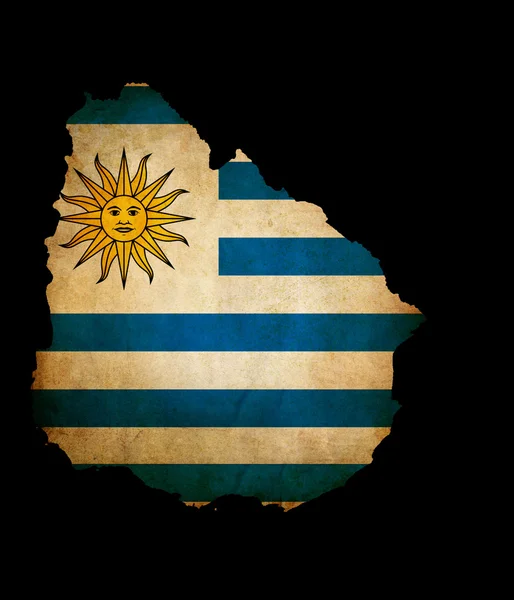 Outline map of Uruguay with grunge flag insert isolated on black — Stock Photo, Image