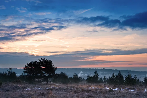 Vibrante paesaggio dell'alba invernale sulla campagna innevata — Foto Stock