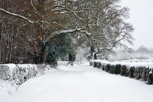 เส้นทางผ่านชนบทอังกฤษ rurual ในฤดูหนาวด้วยหิมะ — ภาพถ่ายสต็อก
