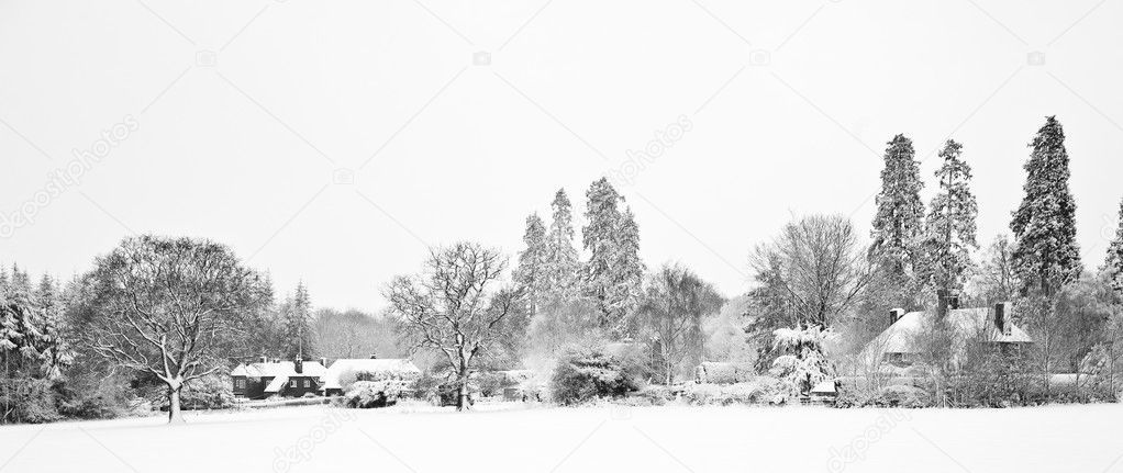 Black and white Winter snow farm landscape