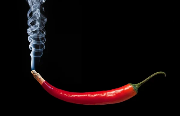 Smoking red hot chilli pepper with burning tip and smoke — Stock Photo, Image