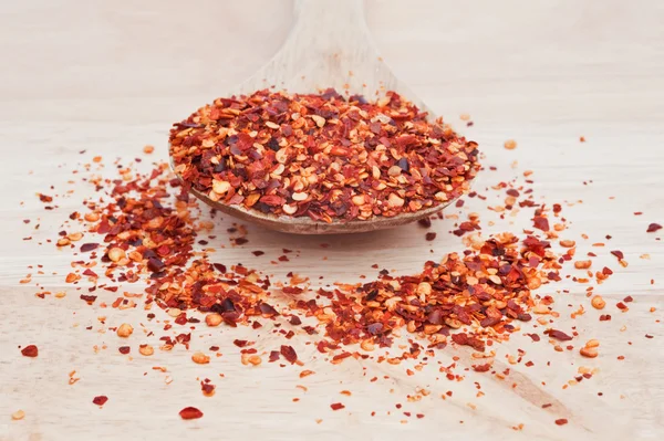 Crushed Chillies on wooden serving spoon with selective focus — Stock Photo, Image
