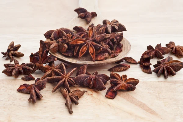 Star Anise on wooden serving spoon with selective focus — Stock Photo, Image