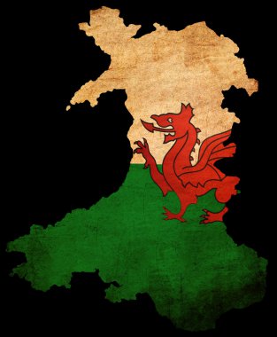 Wales grunge map outline with flag