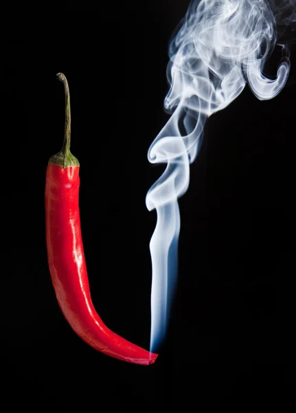 Smoking red hot chilli pepper with burning tip and smoke — Stock Photo, Image
