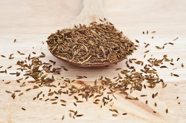 Cumin Seeds on wooden serving spoon with selective focus — Stock Photo, Image