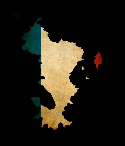 与国旗 grunge 纸张效果的马约特岛地图轮廓 — 图库照片