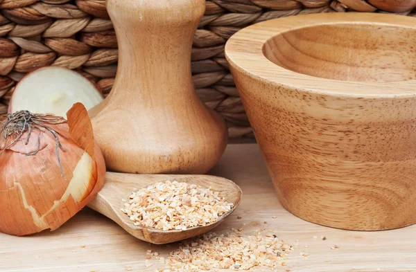 stock image Minced Garlic and onion in rustic kitchen setting