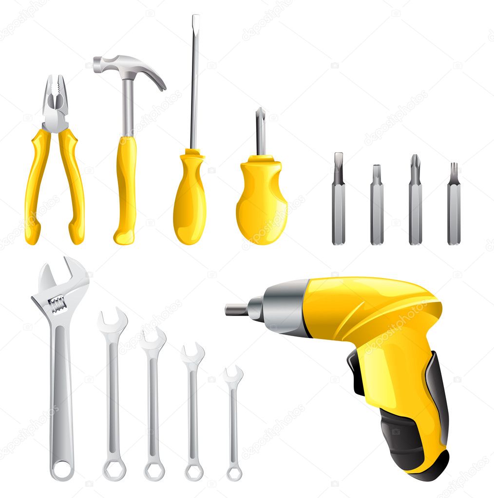 set of different tools over white background