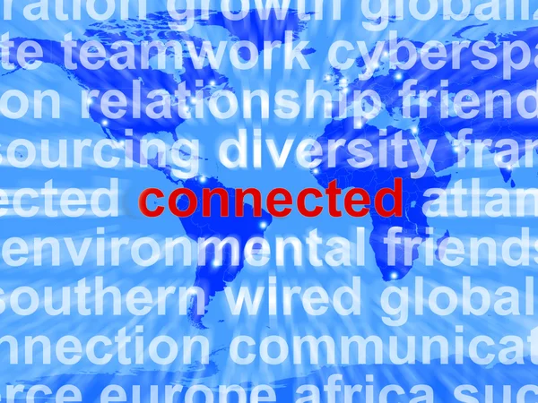 グローバル ネットワークとの接続を示すマップ上の接続されている単語 — ストック写真