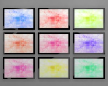 duvara monte farklı renklerle gösteren yüksek d TV izler