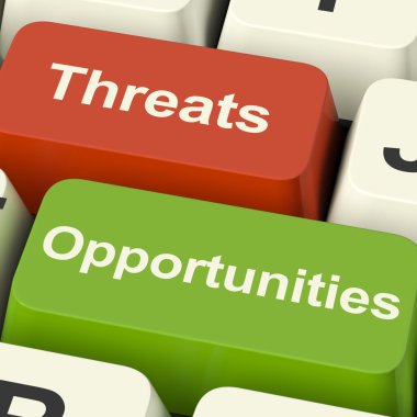 Threats And Opportunities Computer Keys Showing Business Risks O clipart