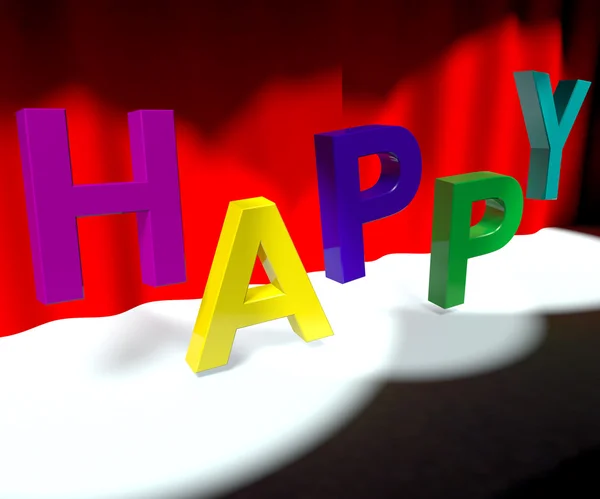 Šťastné slovo na scéně znamená štěstí zábava a radost — Stock fotografie