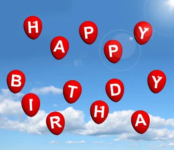 Palloncini rossi nel cielo ortografia Buon compleanno — Foto Stock