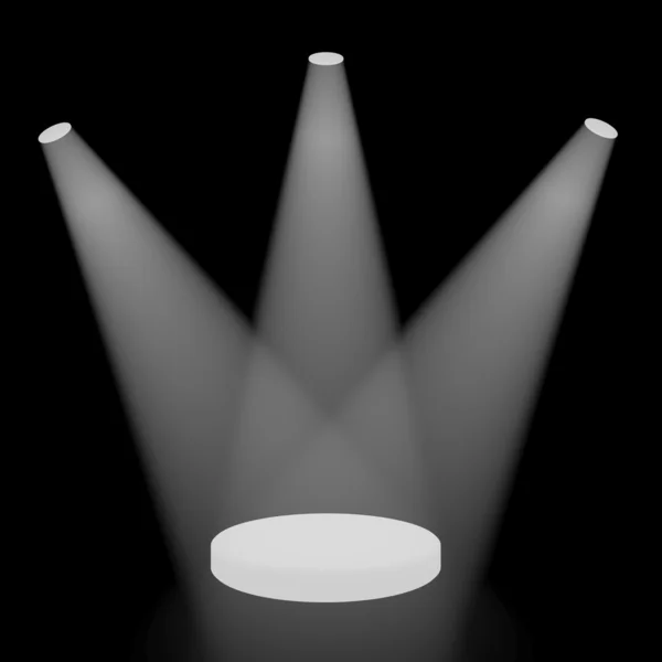 Proyectores blancos brillando en un pequeño escenario con fondo negro — Foto de Stock