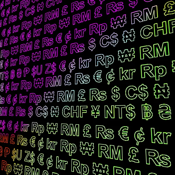 Símbolos de moeda brilhando em cores mostrando taxas de câmbio e Fi — Fotografia de Stock