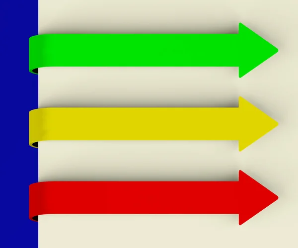 Tre schede a freccia lunga multicolore su carta per la lista dei menu o N — Foto Stock