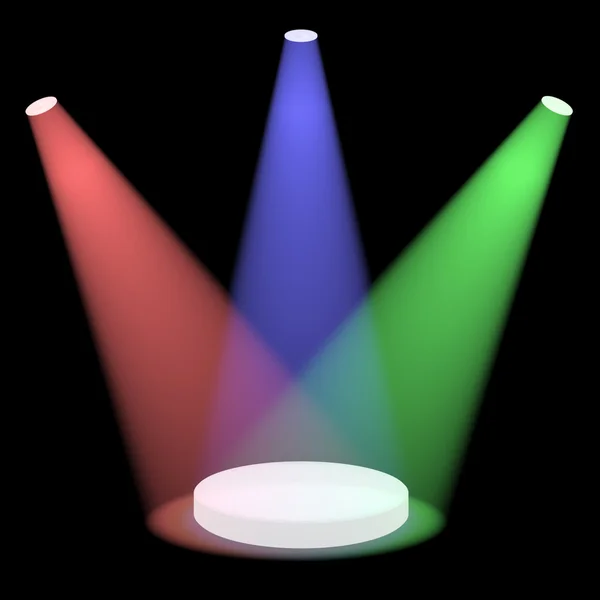 Röd blå och gröna spotlights skiner på en liten scen med blac — Stockfoto