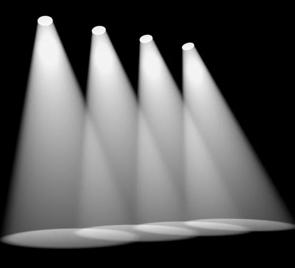 Cuatro focos blancos en fila en el escenario para resaltar el producto — Foto de Stock