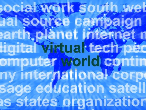 Virtual World Words On Map Showing Global Internet Or Worldwide — Stock Photo, Image