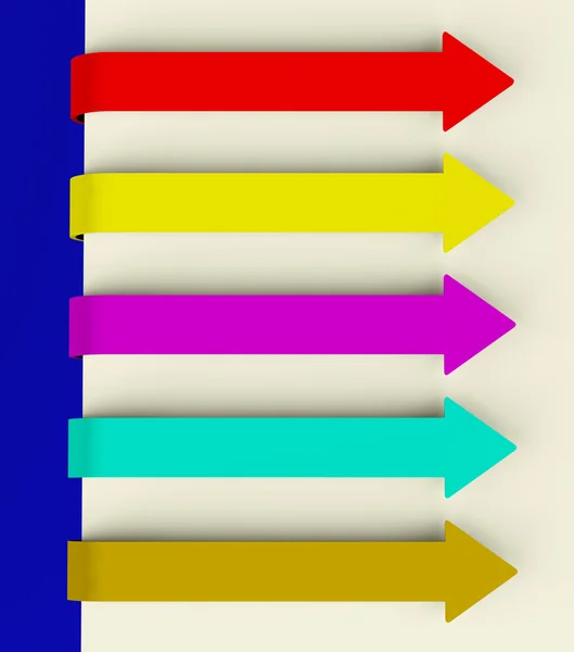 П'ять різнокольорових вкладок зі стрілочками над папером для списку меню або ні — стокове фото