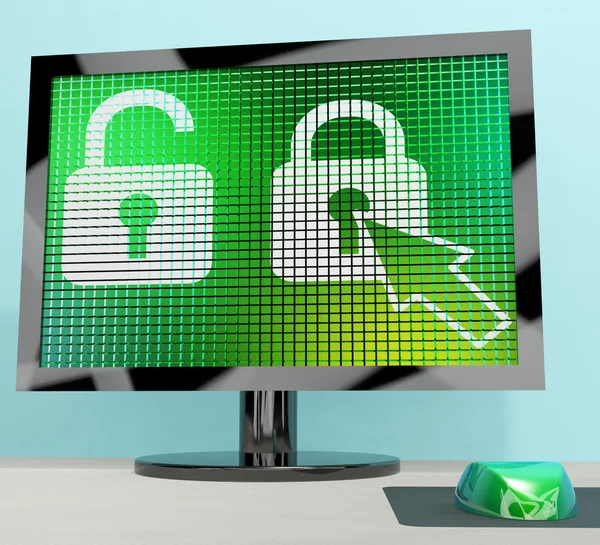 在计算机屏幕上显示安全保障和波特的挂锁图标 — 图库照片