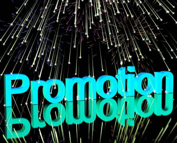 Palavra de promoção com fogos de artifício mostrando venda Poupança ou descontos — Fotografia de Stock