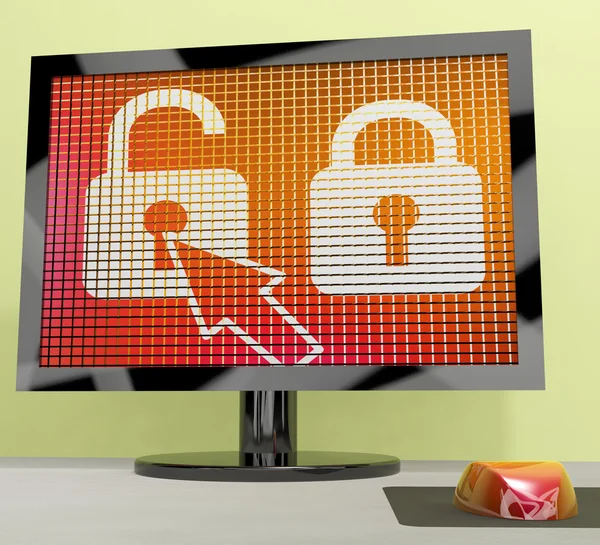 解除锁定的挂锁的计算机屏幕显示的访问或保护 — 图库照片