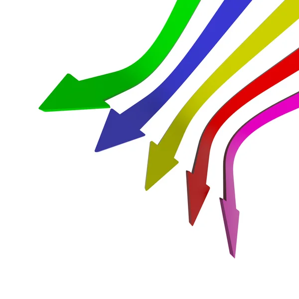 Flechas multicolores apuntando hacia abajo con Copyspace en blanco Backgroun —  Fotos de Stock